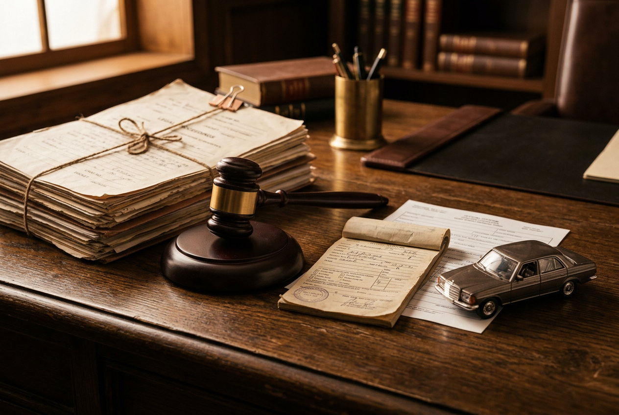 Court documents, gavel, and vehicle