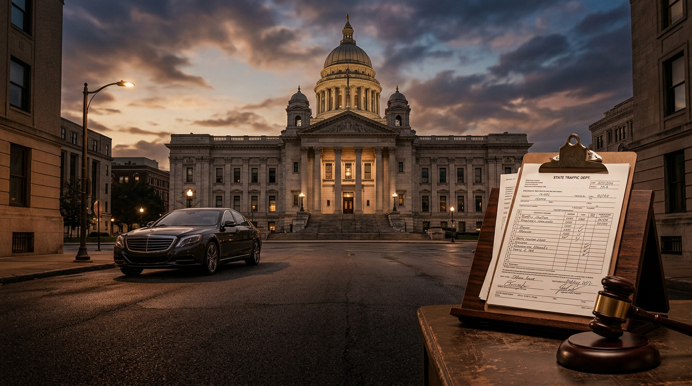 Courthouse with vehicle, challan notice, and gavel